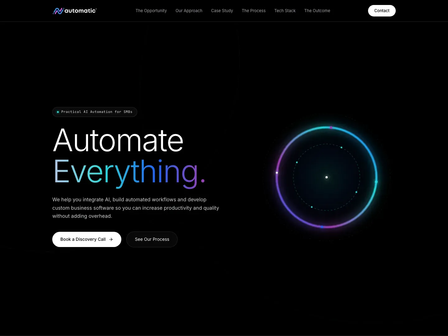 Automatic landing page: a developer-first site for an AI automation agency, using code-style typography and live system metrics