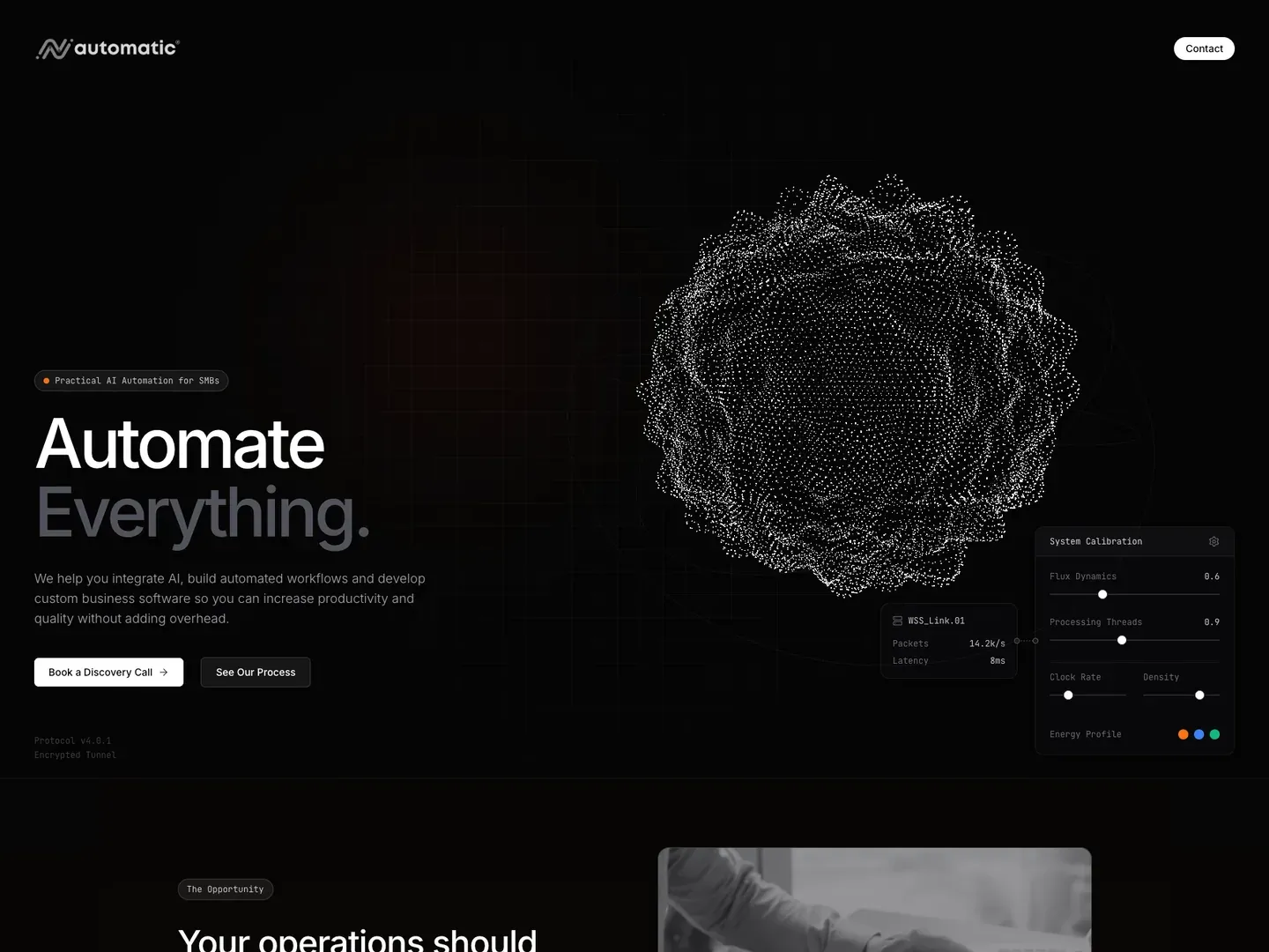 Automatic landing page: a developer-first site for an AI automation agency, using code-style typography and live system metrics
