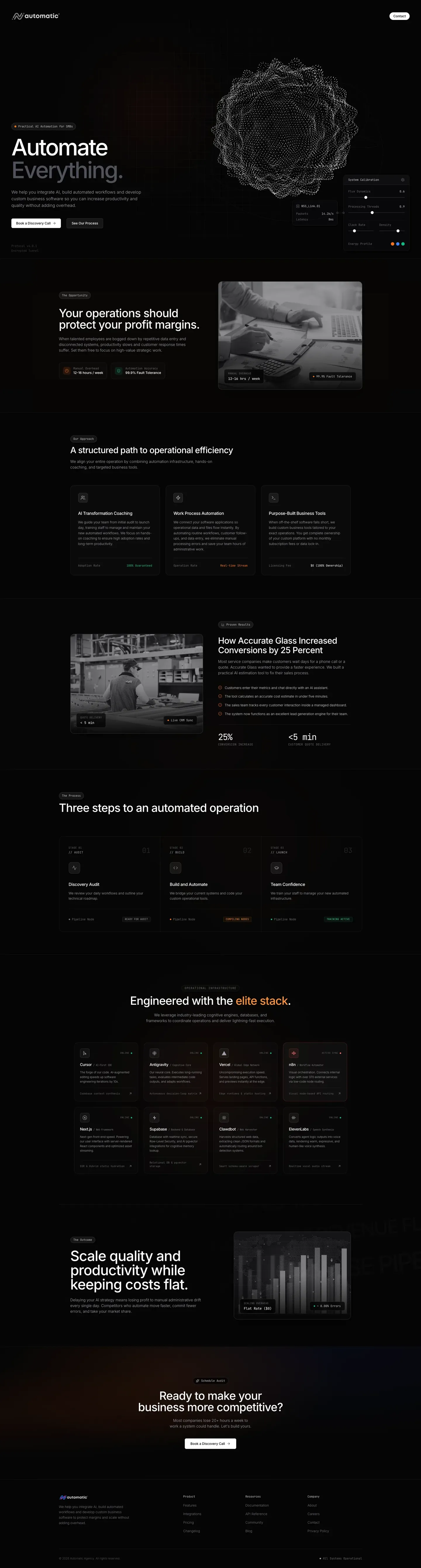 Automatic landing page: a developer-first site for an AI automation agency, using code-style typography and live system metrics