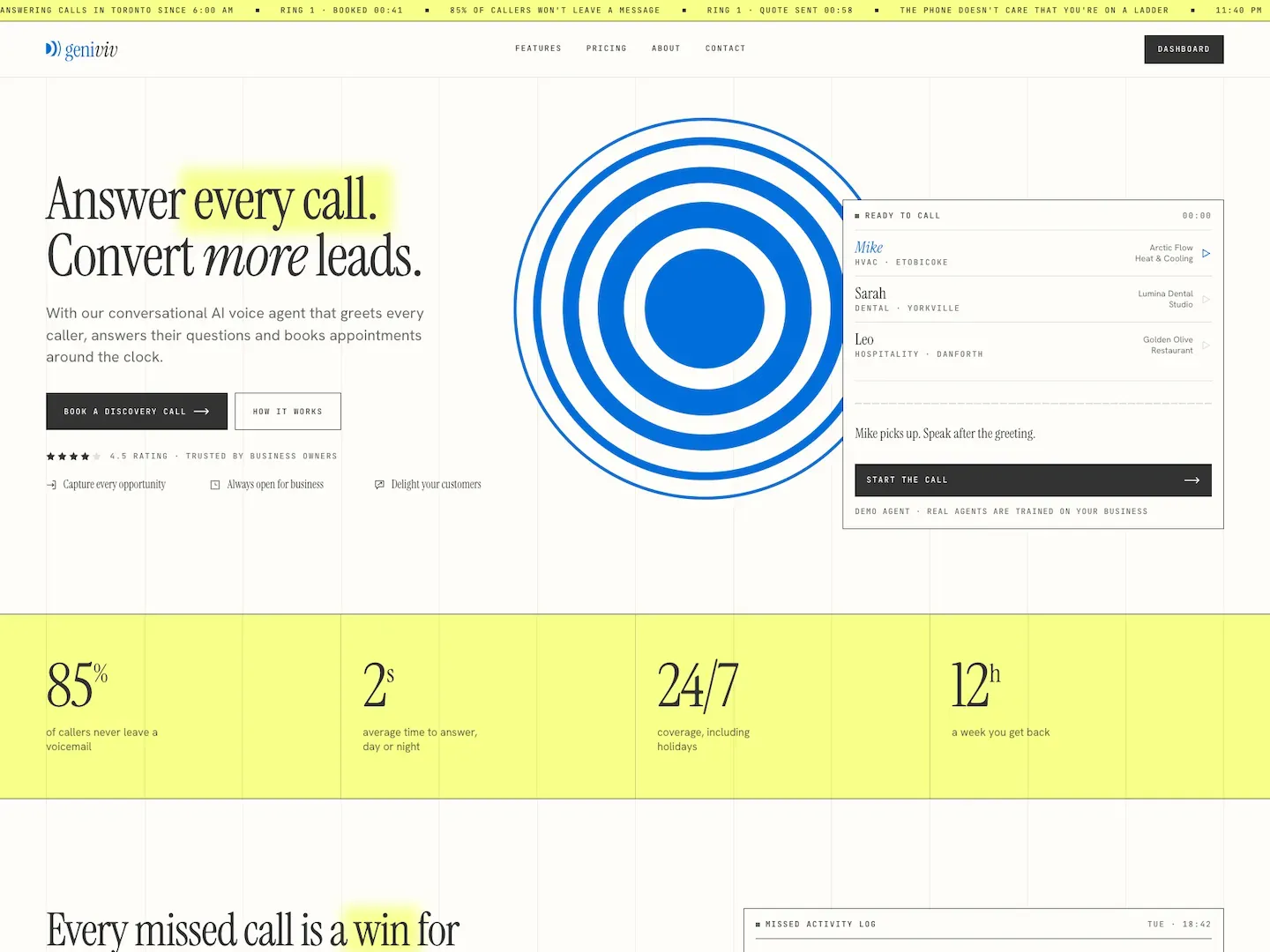 Geniviv landing page: a conversion-focused SaaS site for a 24/7 AI voice agent that answers calls and books appointments