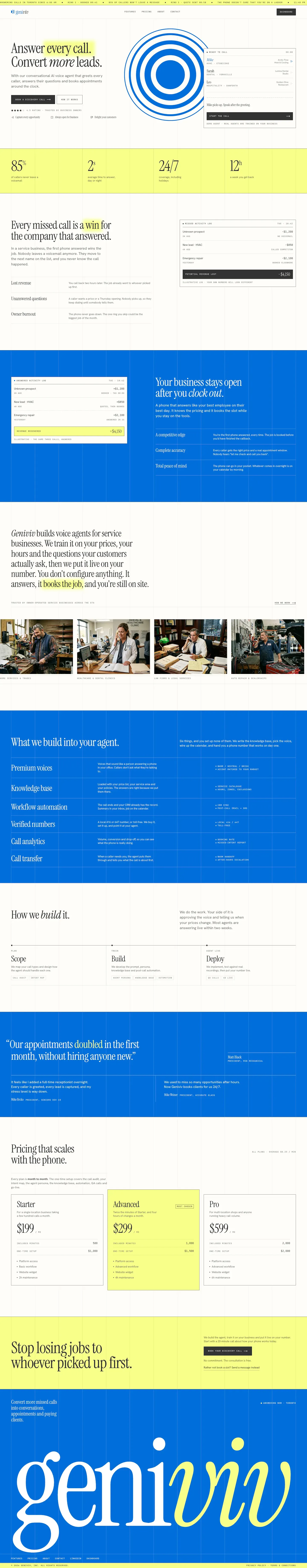 Geniviv landing page: a conversion-focused SaaS site for a 24/7 AI voice agent that answers calls and books appointments