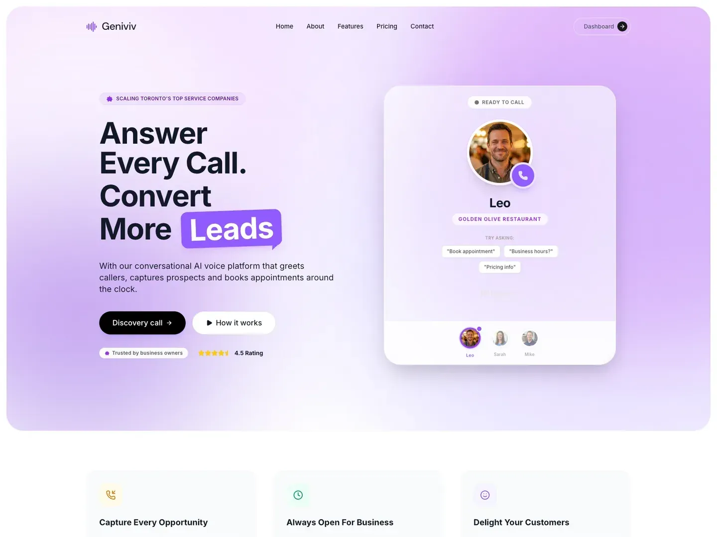 Geniviv landing page: a conversion-focused SaaS site for a 24/7 AI voice agent that answers calls and books appointments