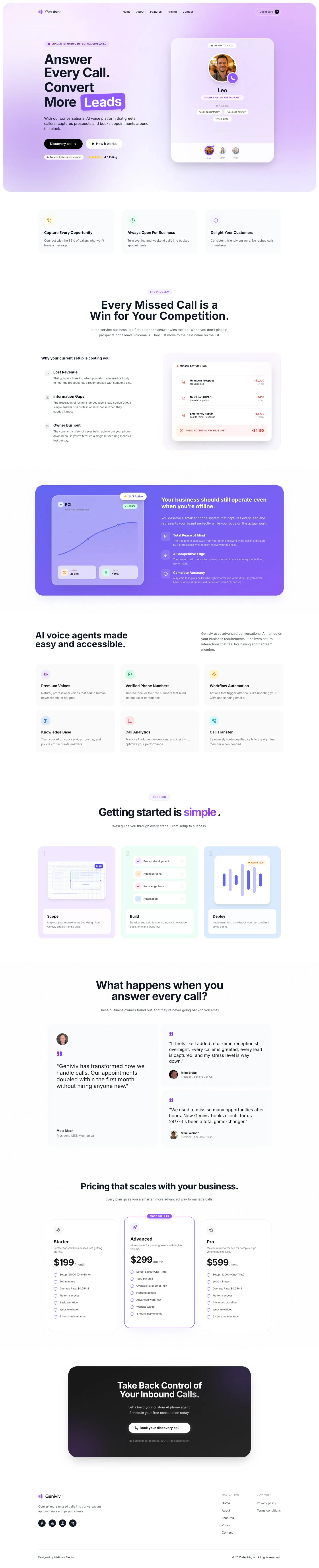 Geniviv landing page: a conversion-focused SaaS site for a 24/7 AI voice agent that answers calls and books appointments