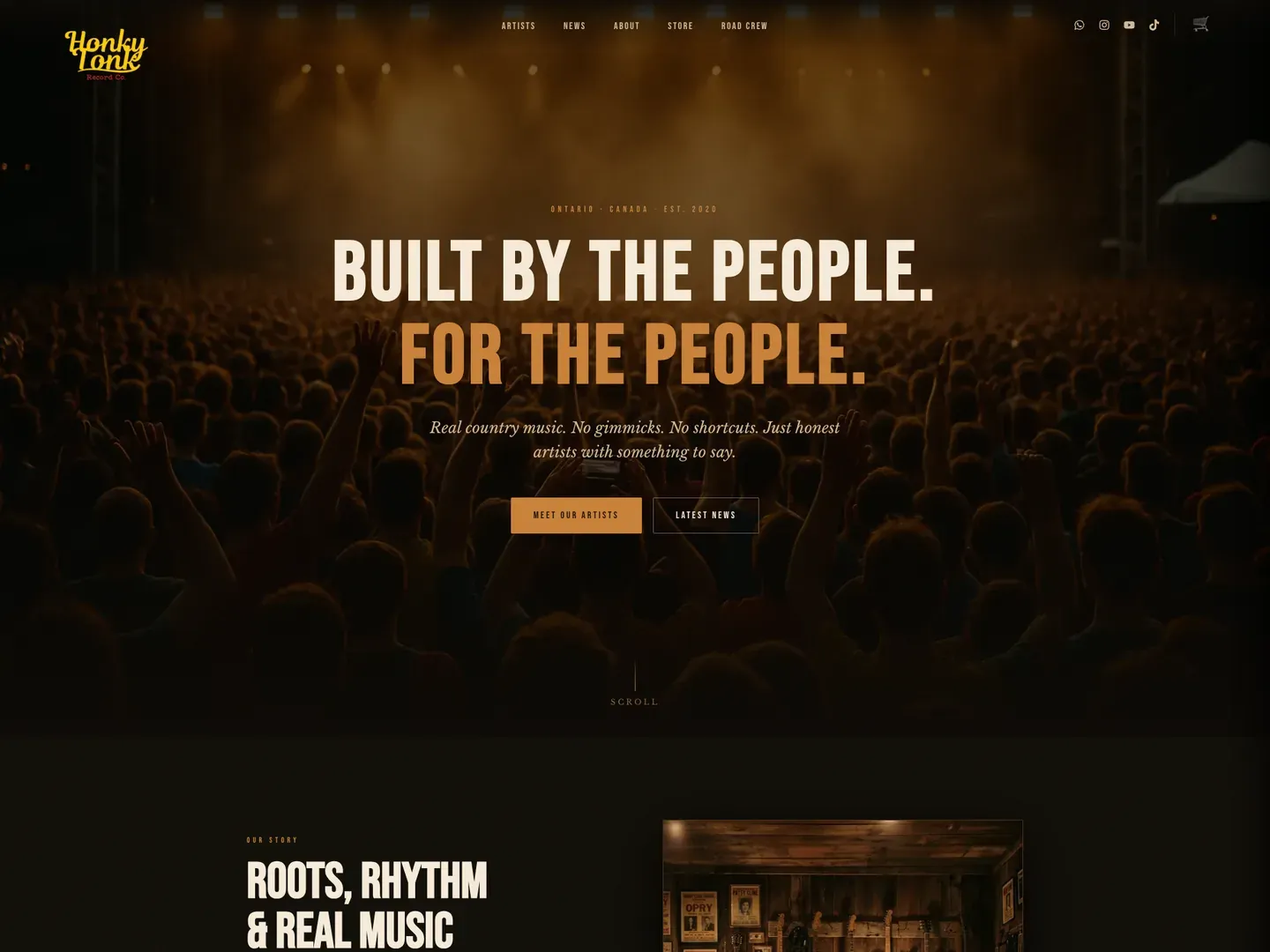 Honky Tonk Record Co landing page: a rustic, media-rich site for an independent country label, with an embedded player and artist roster