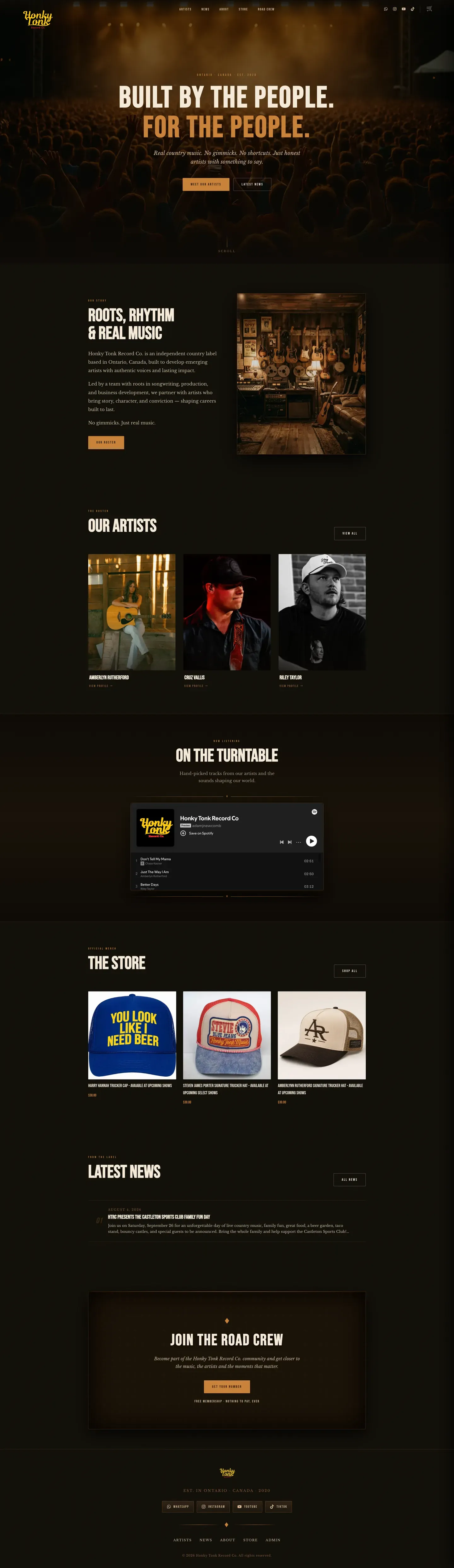 Honky Tonk Record Co landing page: a rustic, media-rich site for an independent country label, with an embedded player and artist roster