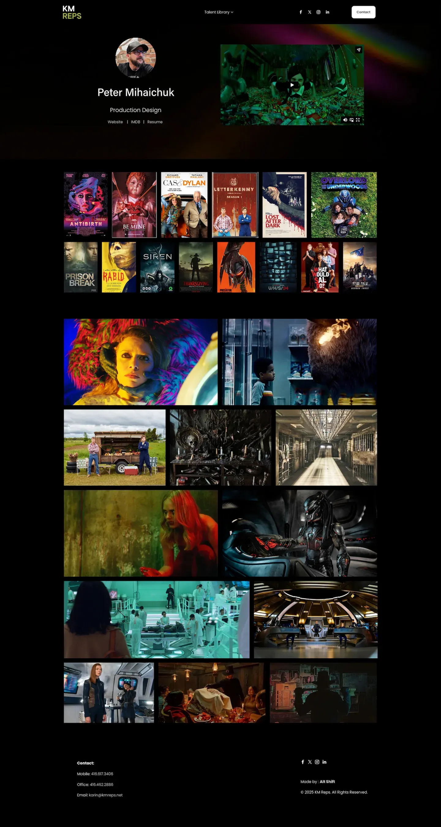 KM Reps: a dark, image-led site for a Canadian film and TV talent agency, showing marquee credits and an artist's portfolio of posters and stills