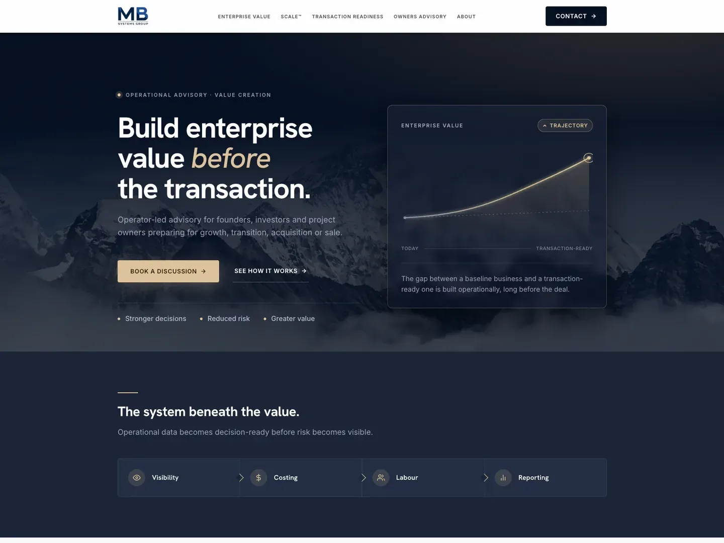 MB Systems Group landing page: an executive, corporate site for an operator-led advisory firm built around its Enterprise Value Scale framework