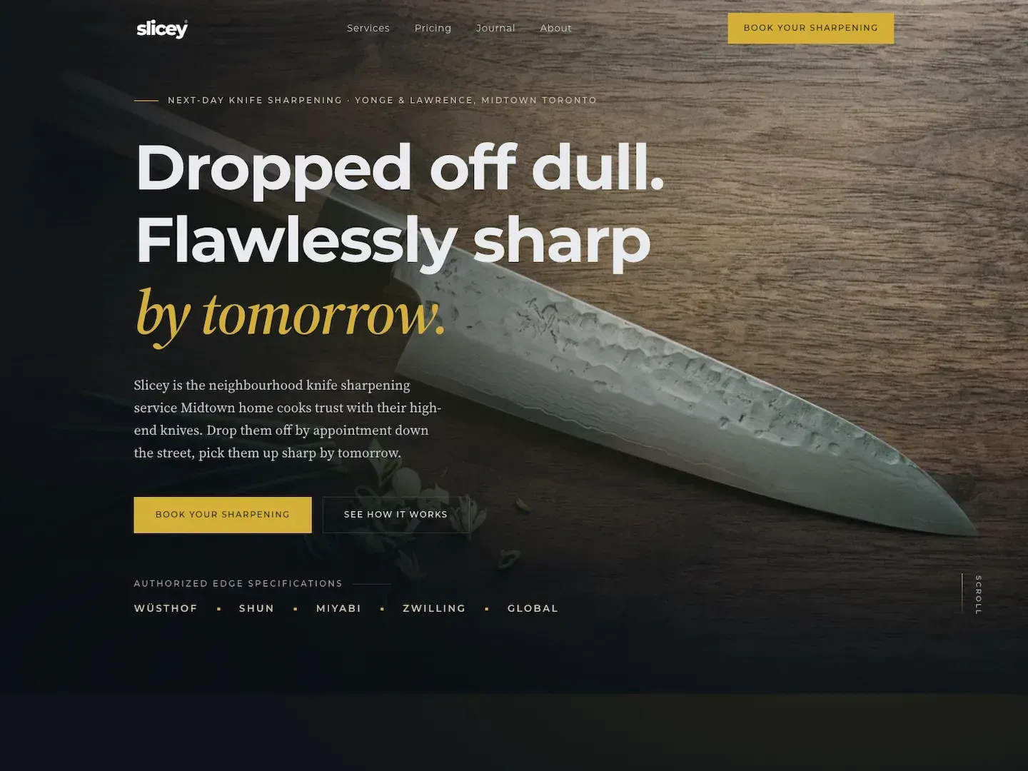 Slicey landing page: a dark, gold-accented site for next-day knife sharpening in Midtown Toronto