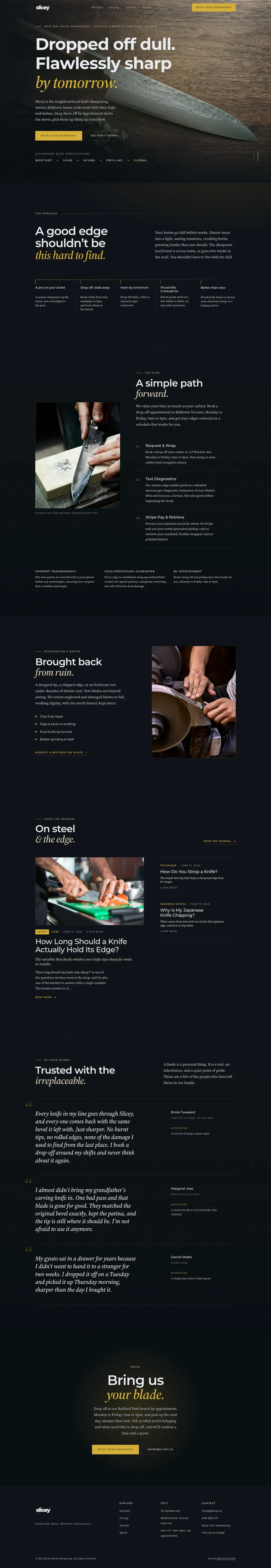 Slicey landing page: a dark, gold-accented site for next-day knife sharpening in Midtown Toronto