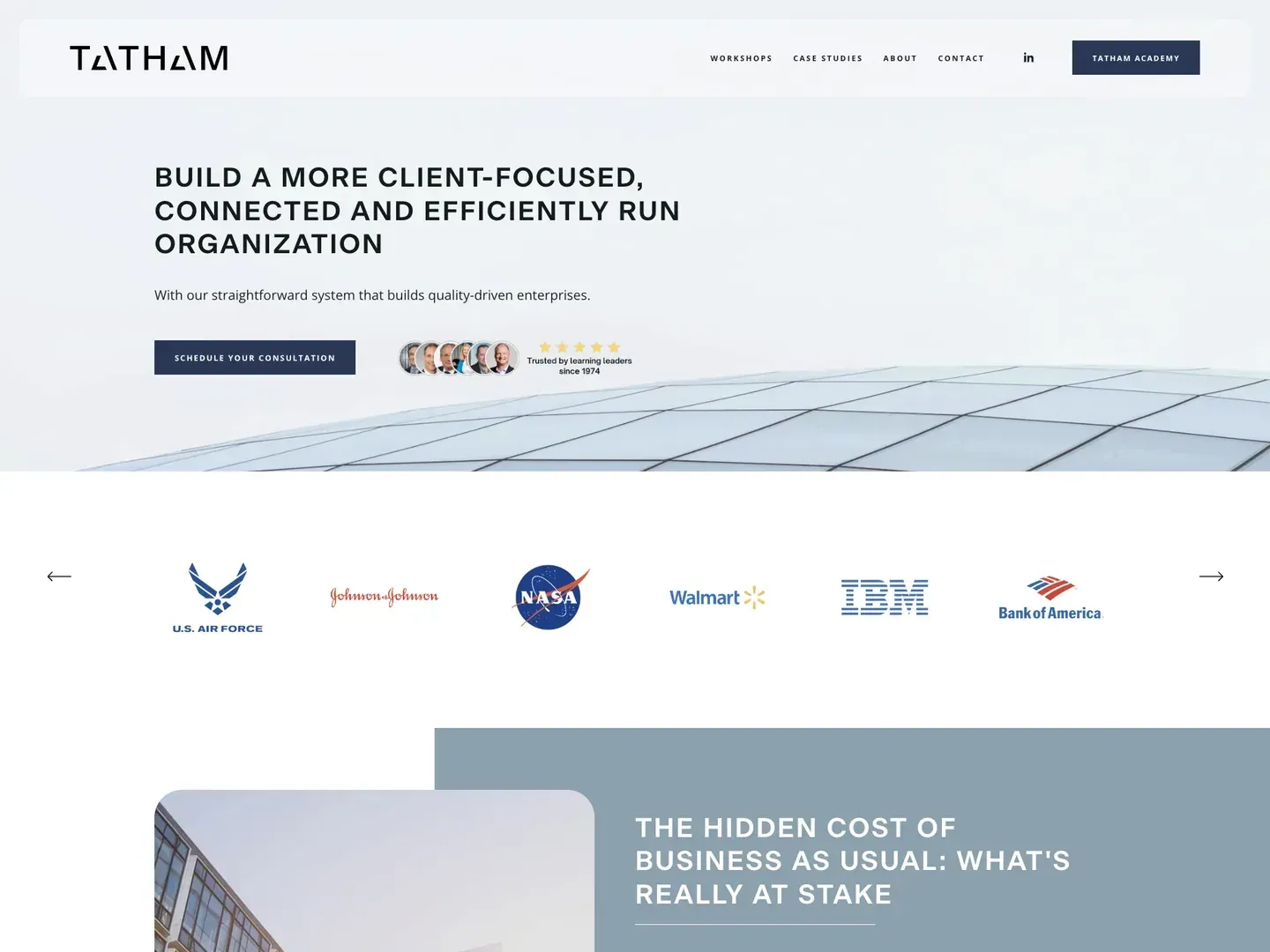 Tatham Company landing page: an authoritative enterprise site for a performance-improvement consultancy, led by trust badges and method diagrams