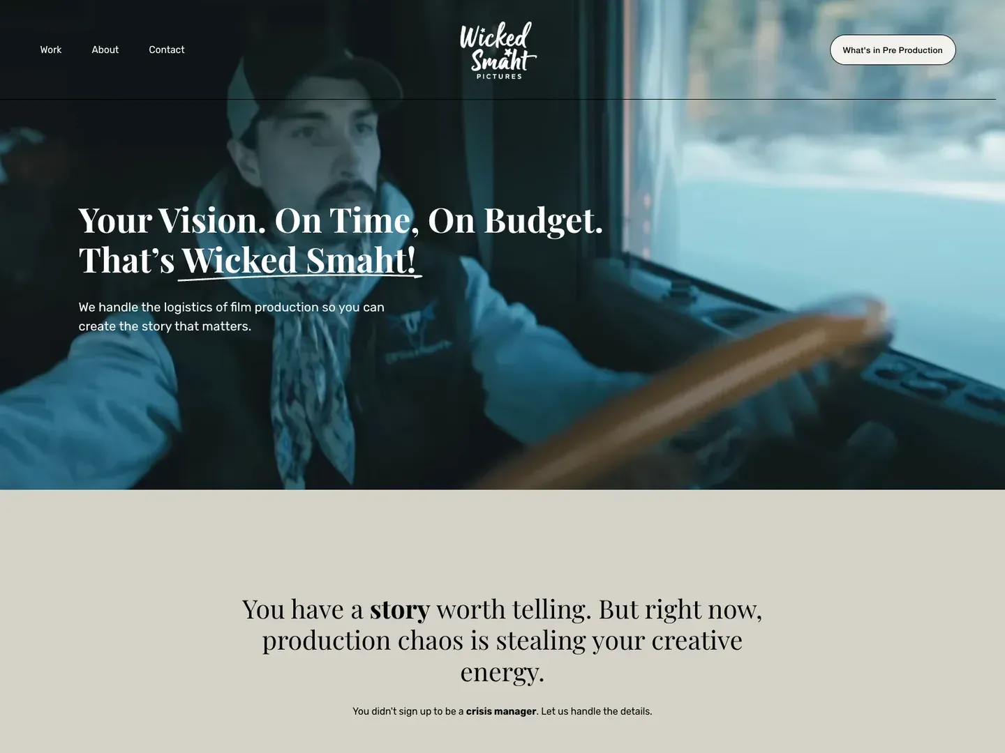 Wicked Smaht Pictures landing page: a cinematic, dark-mode portfolio site for a film production-management company