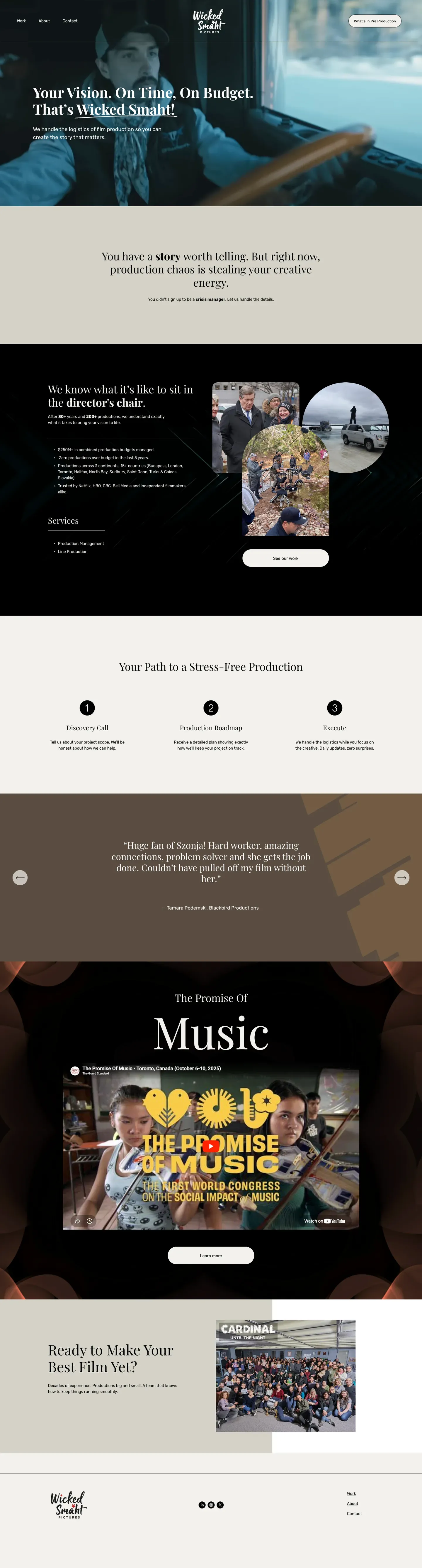 Wicked Smaht Pictures landing page: a cinematic, dark-mode portfolio site for a film production-management company